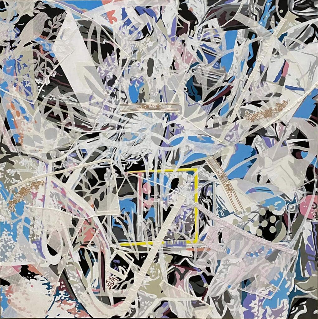 A close up of a painting with many pieces of paper