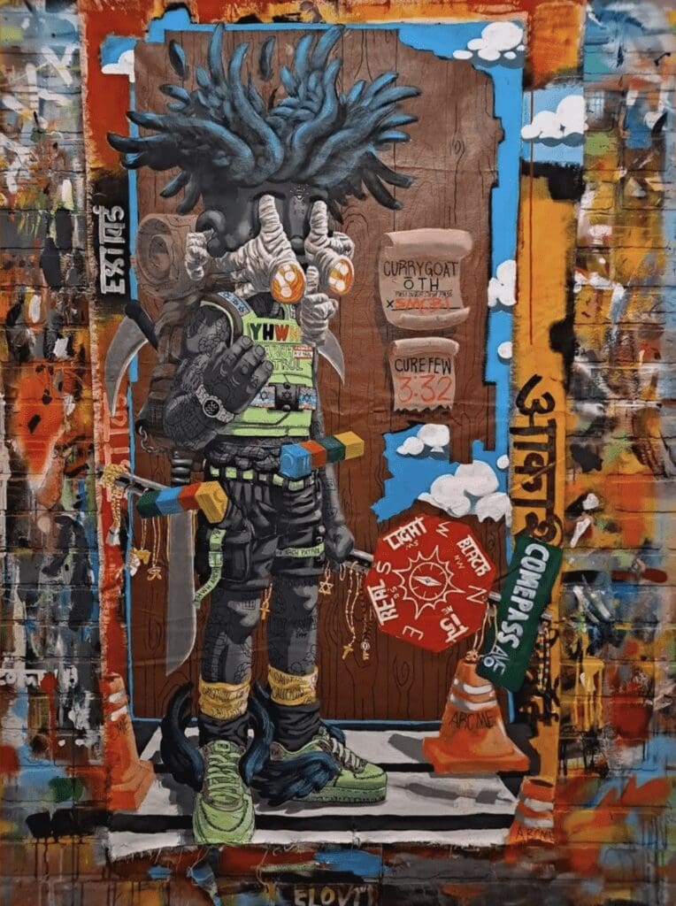 A painting of a man with dreadlocks and a mohawk.