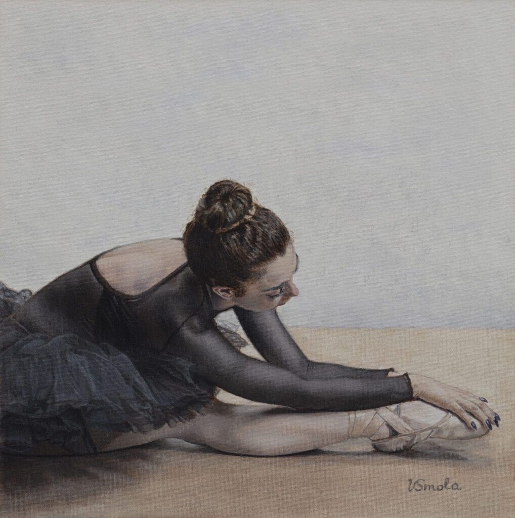 A painting of a woman in black dress on floor.