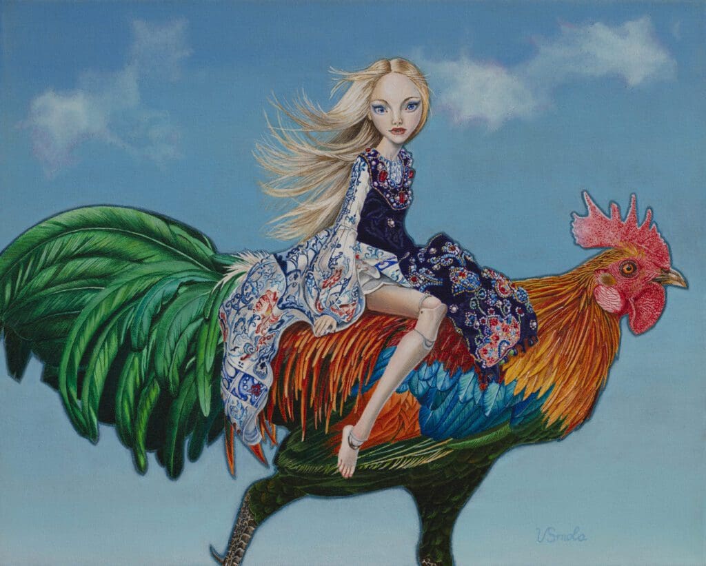 A painting of a girl riding on top of a rooster.