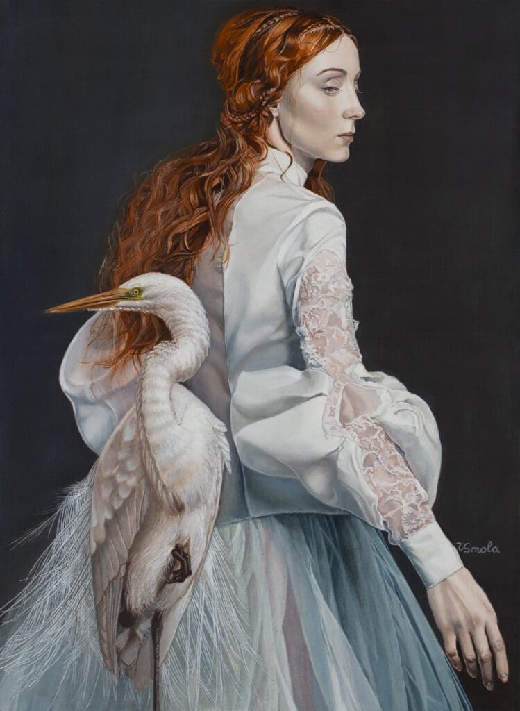 A painting of a woman with long red hair holding an egret.