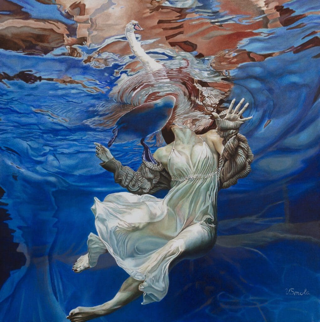 A painting of a woman in white dress floating on water.