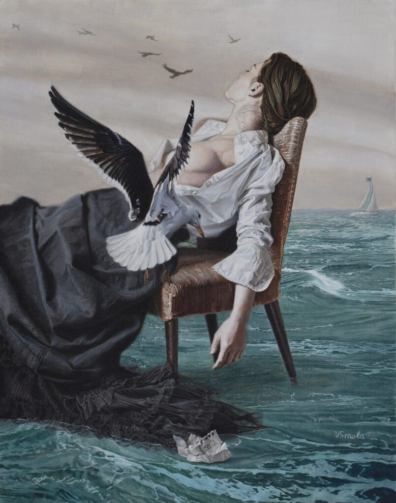 A painting of a woman in a chair with birds flying around her.