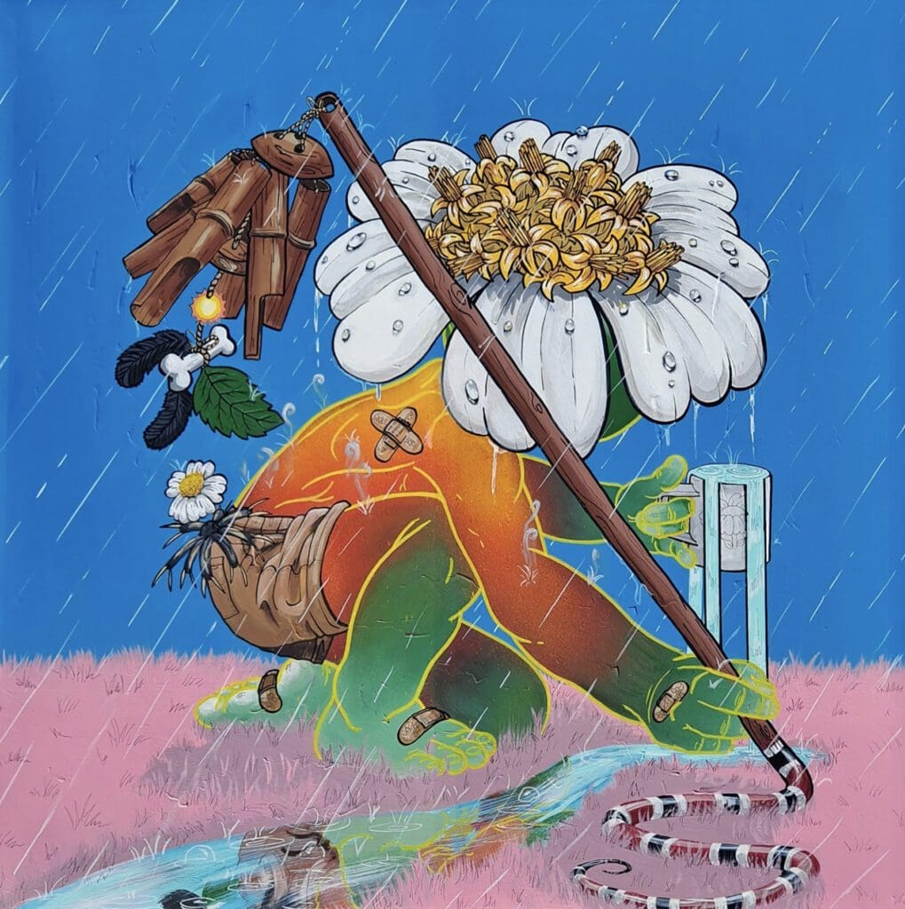 A painting of a person with a flower and umbrella